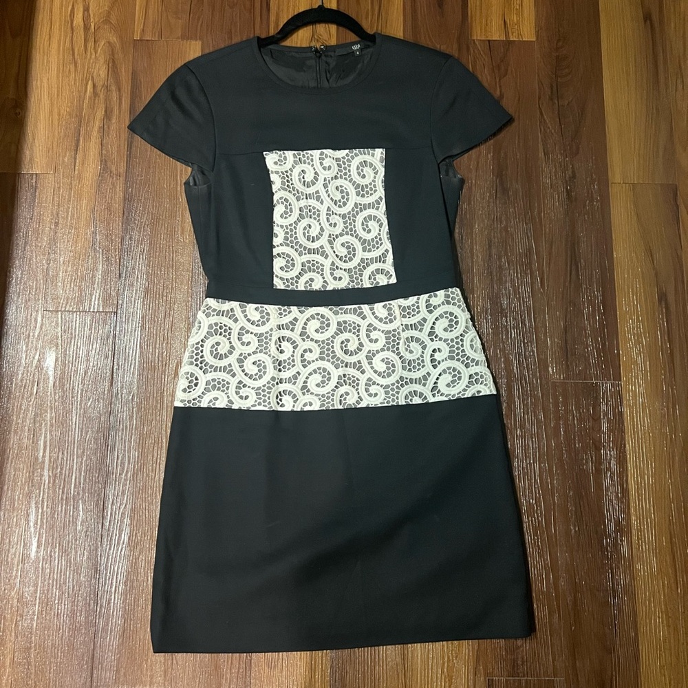 Tibi Black and White Guipure Lace Panel Tibi Sheath Dress with Short sleeves 4